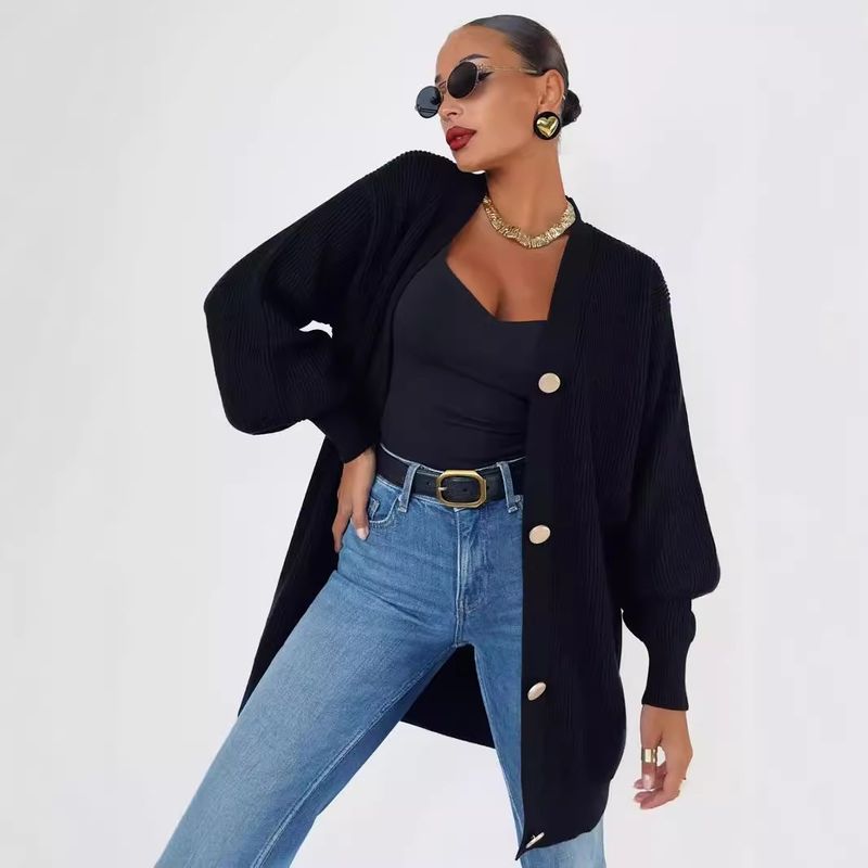 Mittellange bis lange Pulloverjacke für Damen, einfarbig, lässig, vielseitig, locker, V-Ausschnitt, Frühherbst-Strickjacke für Damen_voghion.com