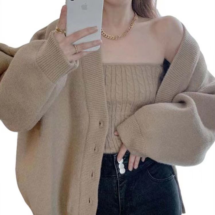Puro desiderio pigro petto avvolto maglione cardigan donna 2024 autunno e inverno sciolto spesso caldo temperamento scollo a V_voghion.com