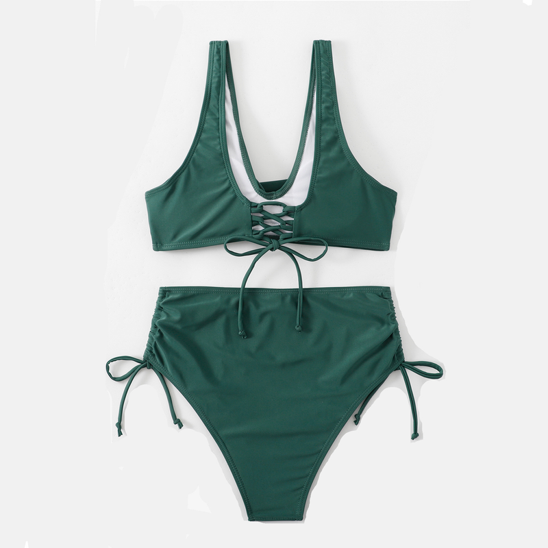 Swimsuit split bikini solid color cross strap hot style high waist swimsuit sexy biki_voghion.com