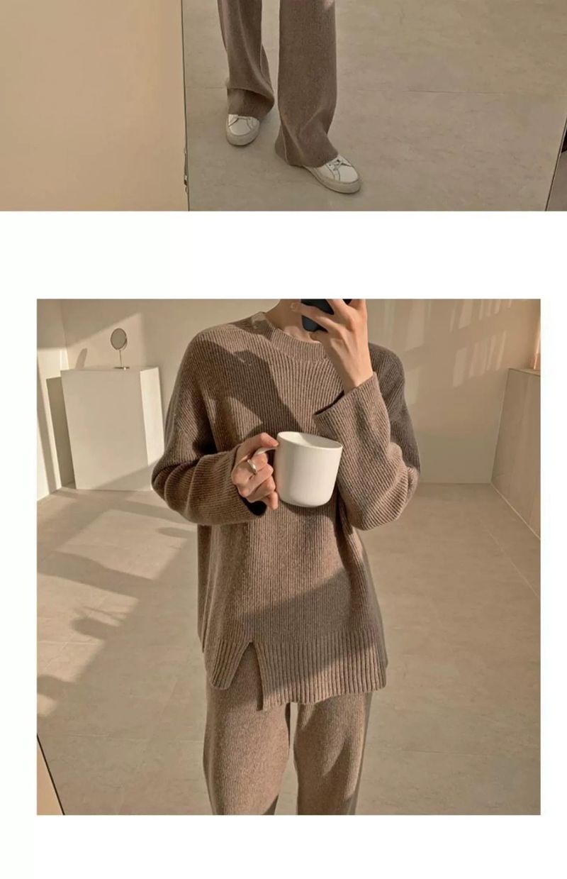 Korean Solid Color Knitted 2024 Autumn Winter New Split Sweater Straight Tube Loose Wide Leg Pants Two Piece Set for_voghion.com
