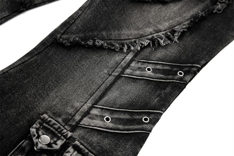 Men's Deconstructed Workwear Jeans - Raw Hem Bootcut Pants With Lace-Up Detail (Charcoal, S-3XL)_voghion.com