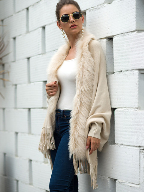 Fitshinling col en fourrure hiver châles et enveloppes bohème frange surdimensionné femmes hiver Ponchos et Capes manches chauve-souris Cardigan_voghion.com