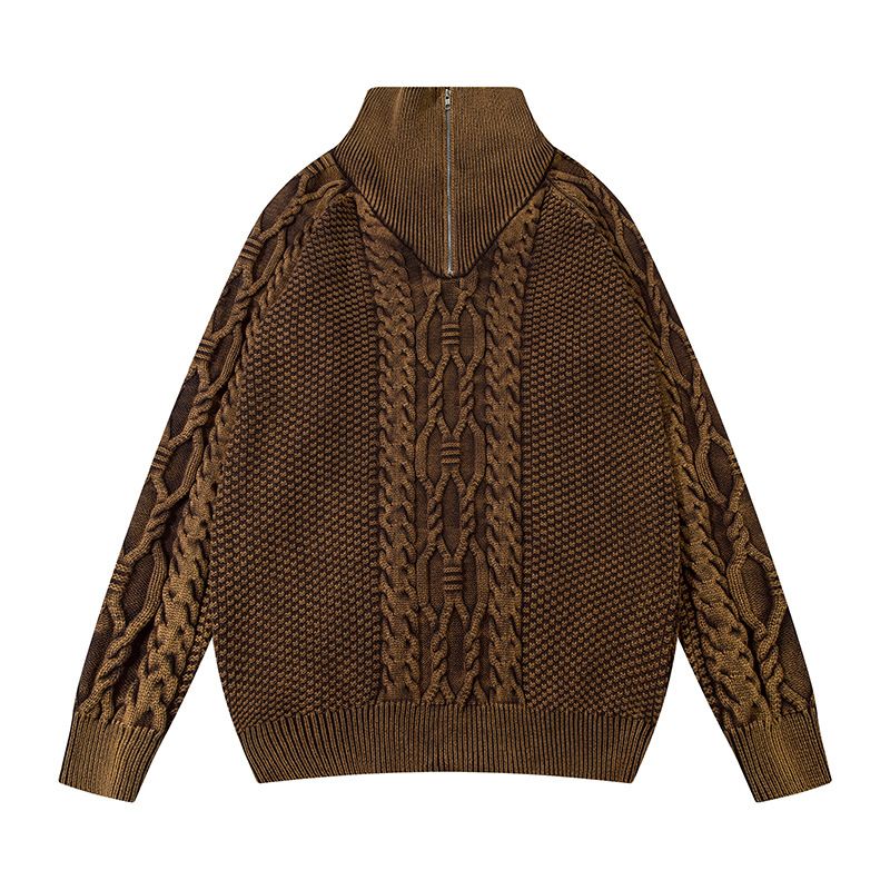 Herrenbekleidung Retro Washed Distressed Rollkragenpullover mit halbem Reißverschluss für Männer Ins Trendy Hip Hop Loose Knit Sweater Top_voghion.com