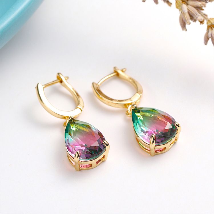 Lady New Tourmaline Color Trendy Creative Water Drop Pear Shape Gradient Earrings_voghion.com