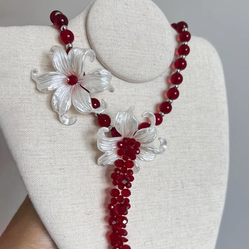Iris Rode Kralen Ketting Retro Licht Luxe Exquise Hoge Gevoel Overdreven Sleutelbeenketting_voghion.com