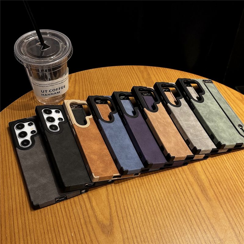 Matte Suede Leather Wrist Strap Holder Magnetic Case For Samsung S25 Plus S24 S23 S22 Ultra Camera Protection Silicone Cover_voghion.com