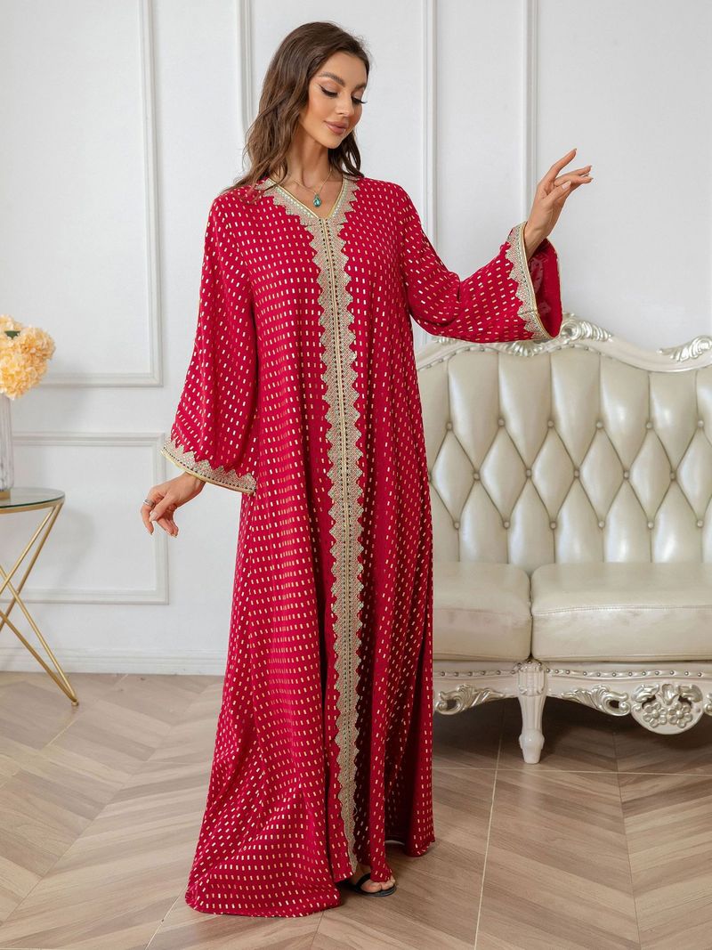 Damenkleid, muslimisches Gewand, Goldprägung, einfaches, schmales Spitzenkleid_voghion.com