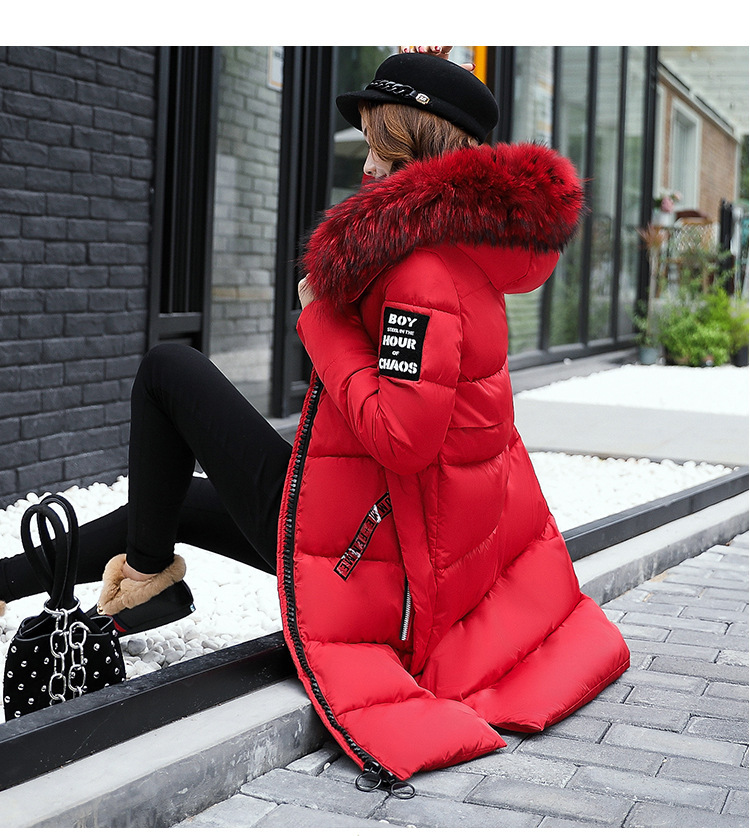 Women's Clothing Color Big Hair Collar Long Cotton-Padded Jacket Fashion Slim Cotton-Padded Jacket_voghion.com