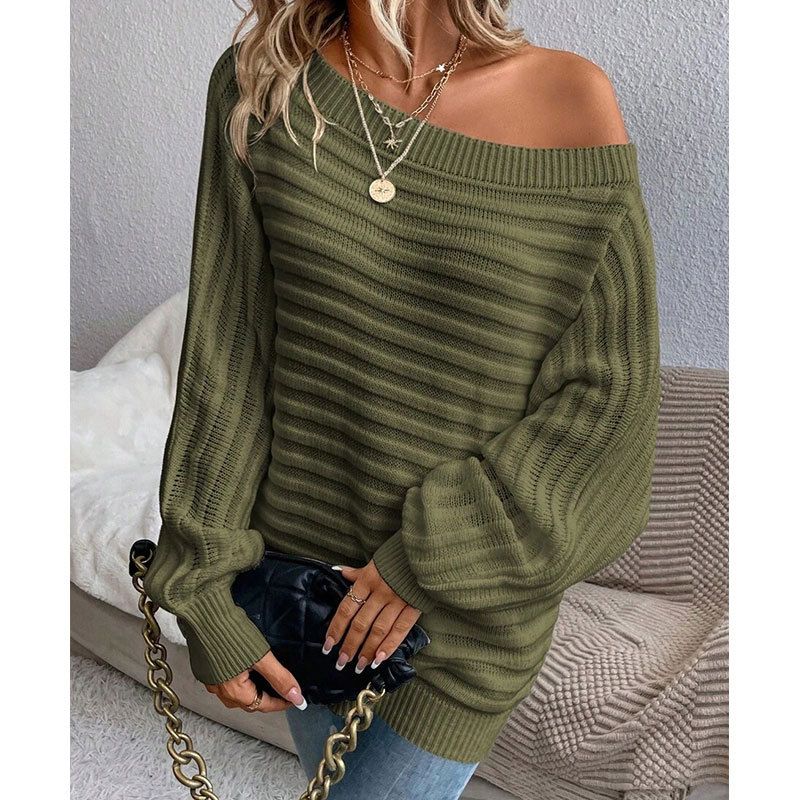 Eleganter Strickpullover mit Fledermausärmeln und U-Boot-Ausschnitt für Damen – weicher Acrylstoff, entspannte Passform, vielseitiger Pullover in Volltonfarbe für Herbst und Winter_voghion.com