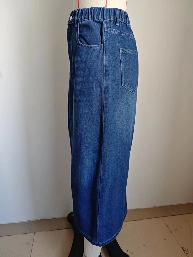 Gonna midi in denim con spacchi e vita elastica lavata da donna_voghion.com