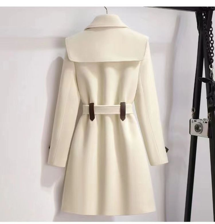 2023 Ny höst- och vinterjacka i ull damkläder yllerockar smalt bälte Elegant lång kappa kvinnlig Beige svart_voghion.com