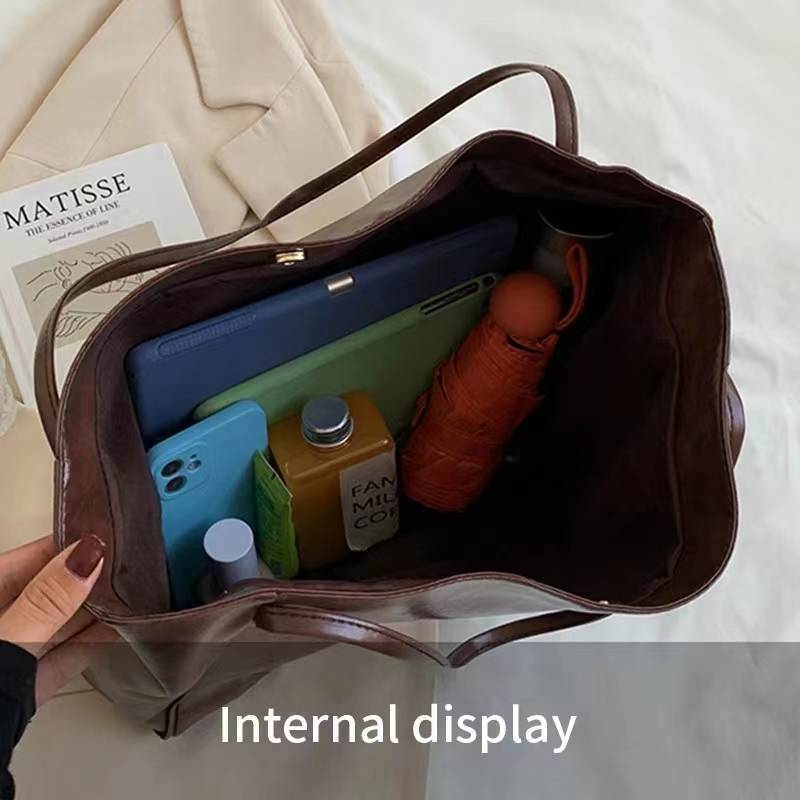 Borsa tote da donna Borsa sottobraccio alla moda Borsa a tracolla in morbida pelle PU di grande capacità Borsa a tracolla retrò Borsa a secchiello portatile casual_voghion.com