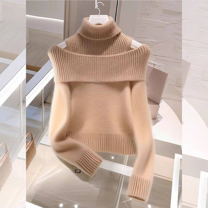 Roupas femininas Outono e inverno macio e de alta qualidade vinho tinto duas peças malha tops gola alta ombro a ombro suéter_voghion.com