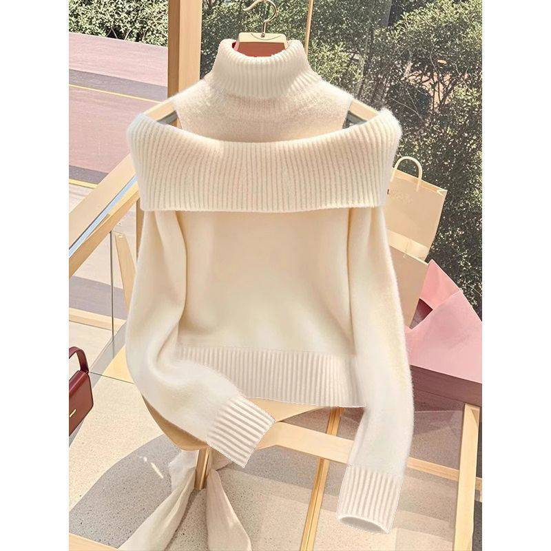 Roupas femininas Outono e inverno macio e de alta qualidade vinho tinto duas peças malha tops gola alta ombro a ombro suéter_voghion.com