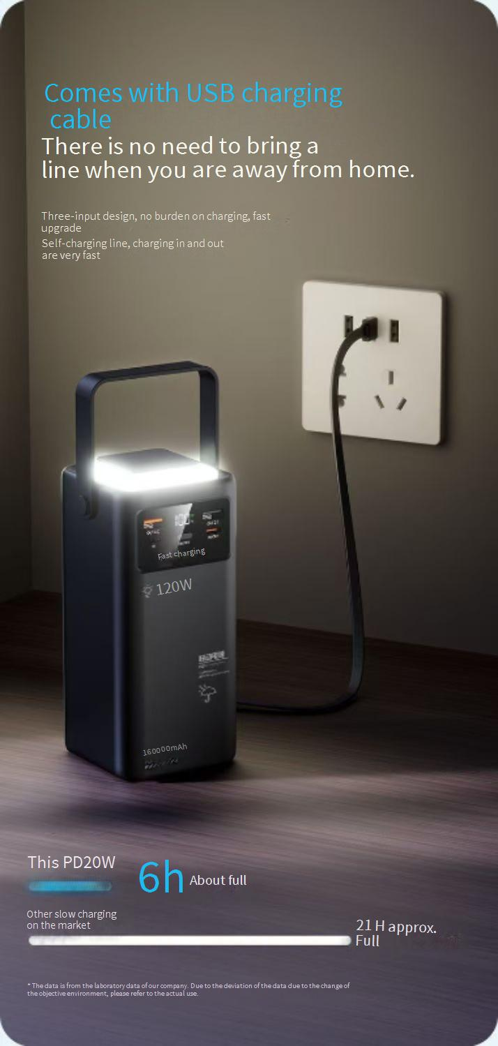 Powerbank Live Broadcast Udendørs Campinglampe Med Indbygget Ledning 160000 mAh Powerbank Stor Kapacitet Hurtig Opladning Mobil Strøm_voghion.com