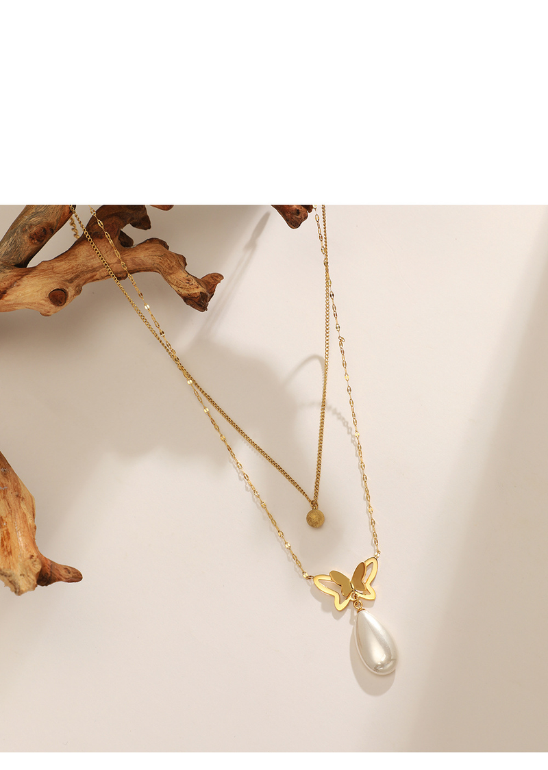 14K Gold Plated Double Layer Butterfly Necklace - Pearl Pendant Stainless Steel Clavicle Chain For Women_voghion.com