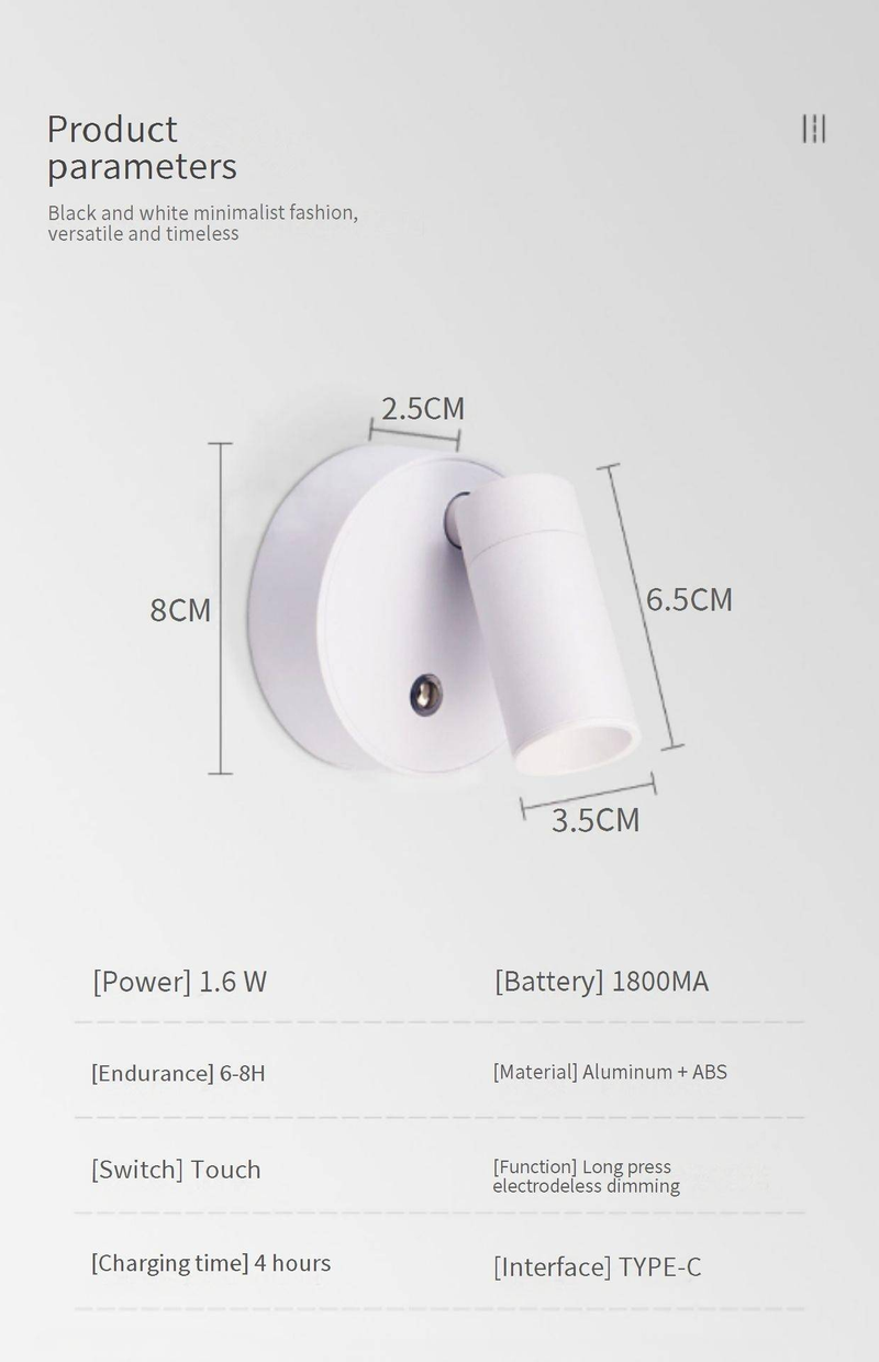 Luminária de leitura de cabeceira recarregável por USB - Luminária de parede magnética sem fio, sem instalação de fiação/perfuração, controle de toque regulável_voghion.com