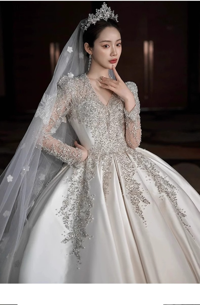 Satin Long Sleeve Wedding Dress – Vintage French V-Neck A-Line Gown With Lace & Corset Back, Flattering For Petite Brides (Spring/Summer, XS-XXL)_voghion.com