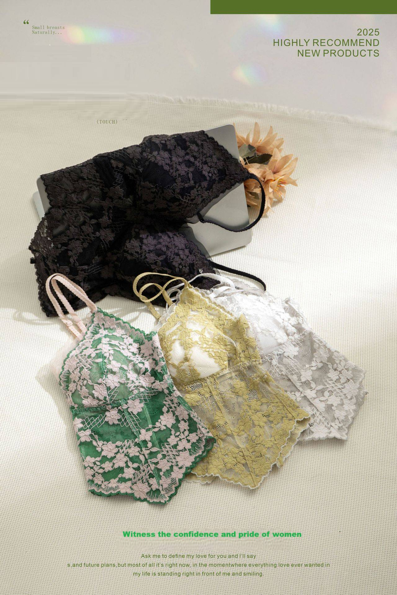 French Style Pure Floral Lace Fine Strap Triangular Cup Beautiful Back Underwear Set Summer Invisible Back Button Bra Thin_voghion.com