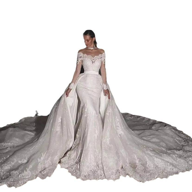 Elegante off-shoulder kanten trouwjurk met sleep en open rug – ook voor grote maten_voghion.com