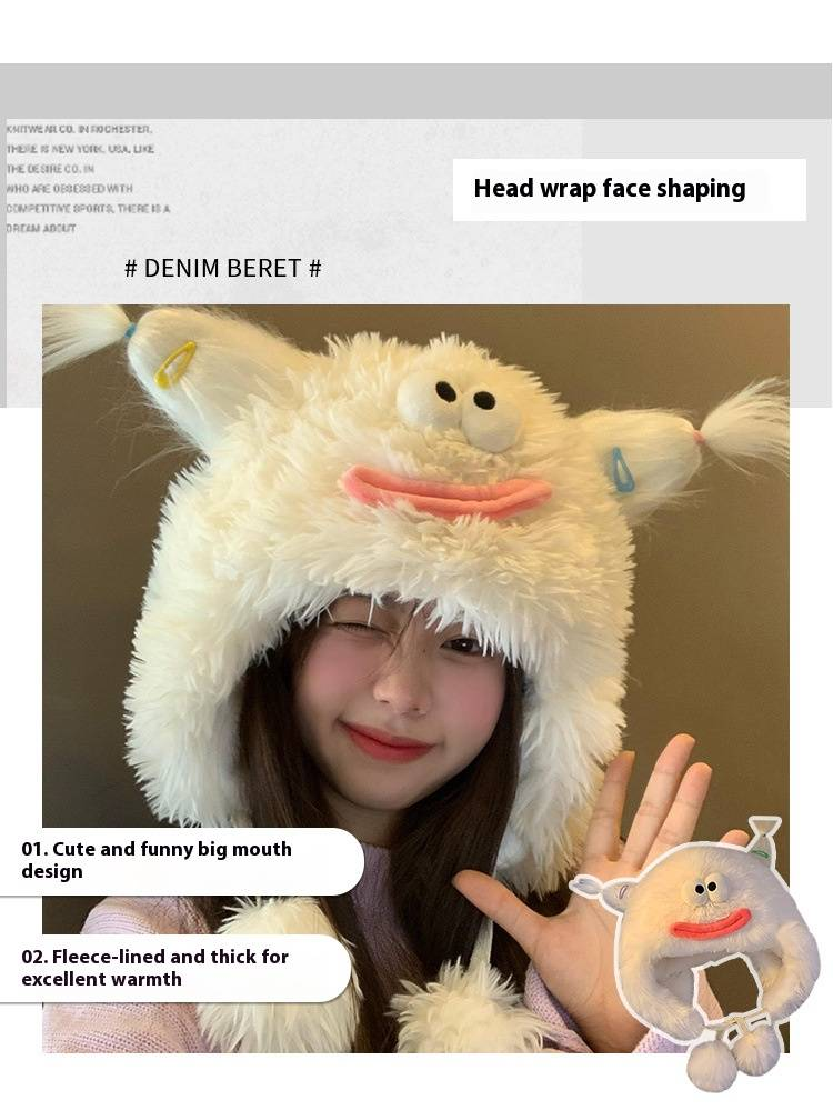 Lustige, hässliche, süße Plüschmütze für Damen, Herbst und Winter, großer Kopfumfang und dicker, warmer Ohrenschutz aus Samt_voghion.com