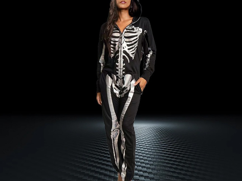 2025 Halloween Nieuwe Hooded Skeleton Skeleton Bedrukte Lange Mouw Broek Jumpsuit Hoodie Voor Vrouwen_voghion.com