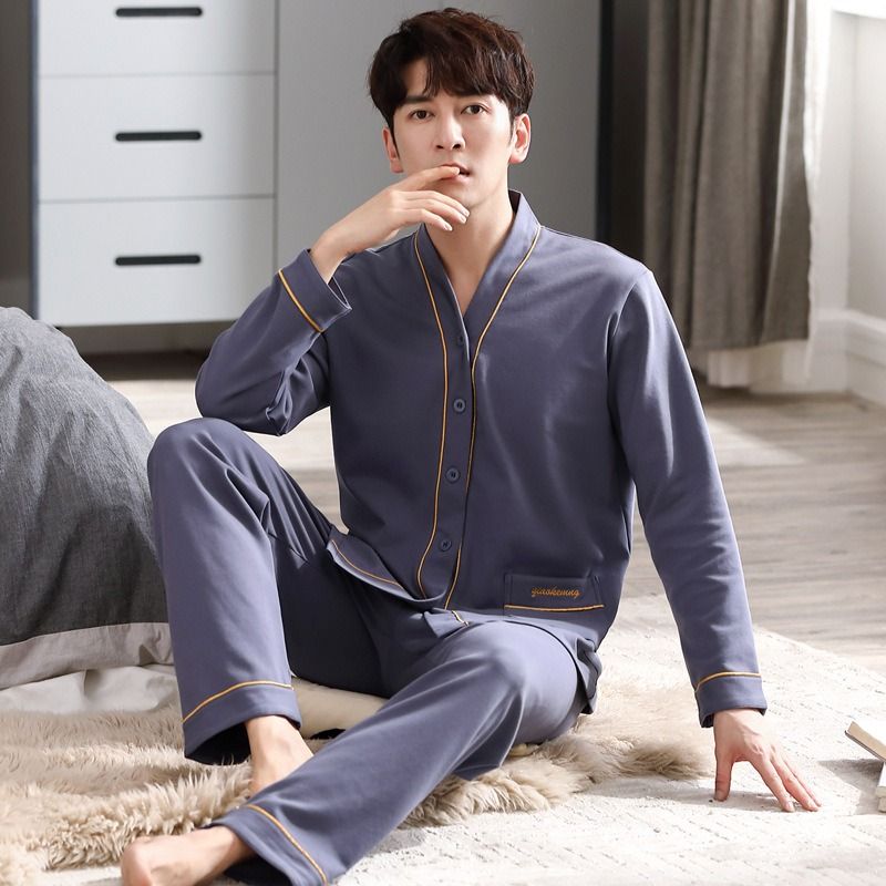 Hochwertiger Baumwollpyjama für Herren, neue Frühlings- und Herbstmodelle, langärmelige Hosen, lässiges Herbst- und Winter-Heimanzug-Set in Übergröße_voghion.com