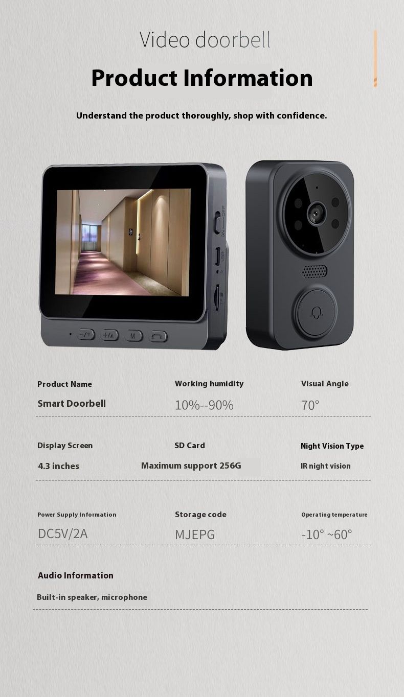 Kabellose Video-Türklingel mit 1080P HD-Display, Stromversorgung über USB, Zwei-Wege-Audio, kein WLAN erforderlich, für Zuhause und das Büro_voghion.com