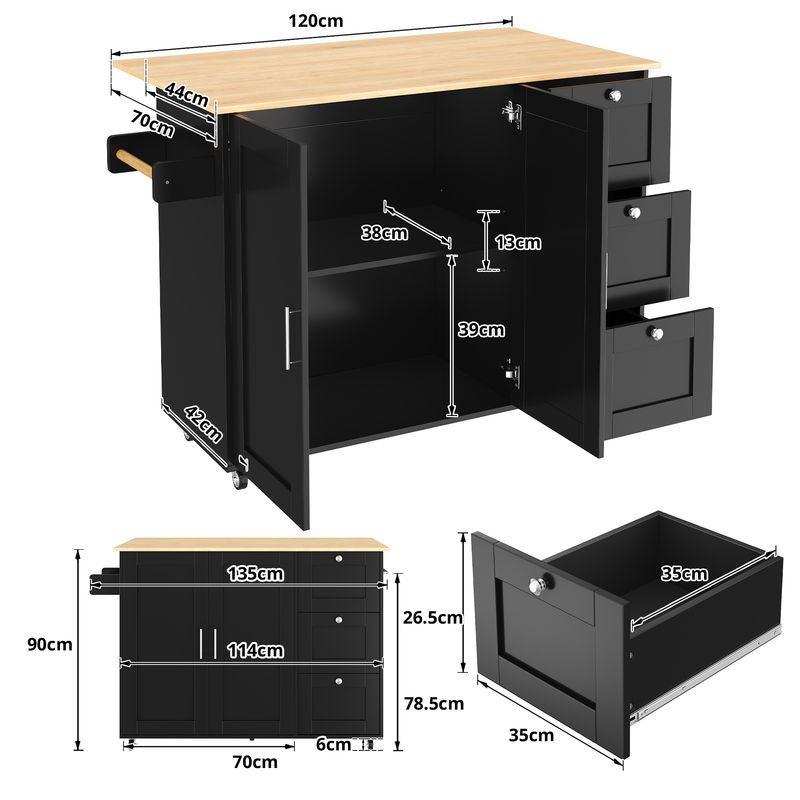 Mobiler Küchentisch Eichenholz, Klappbar, 3 Schubladen, Handtuchhalter 135x90cm_voghion.com