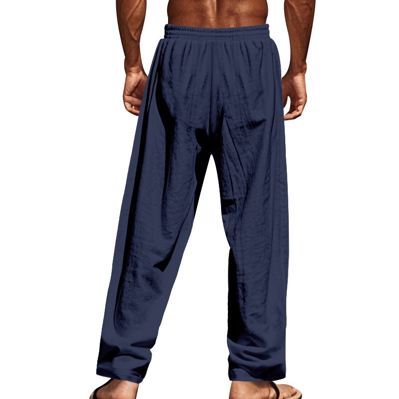 Spring And Autumn American Beach Solid Color Cotton Linen Loose Drawstring Button Casual Pants For Men_voghion.com