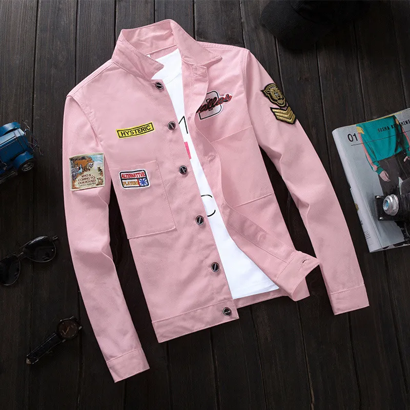 Men's Jackets Spring 2022 Red Pink Black Jeans Jacket Men Slim Streetwear Ripped Denim Hoodie Hip Hop Bomber Homme_voghion.com
