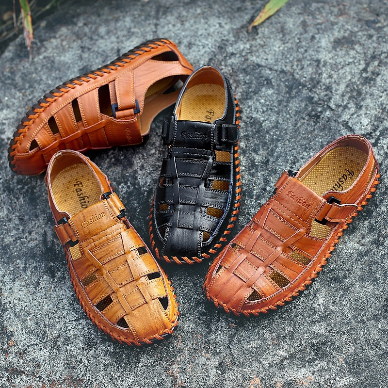 Chaussures de randonnée pour hommes en cuir Casual Trekking Sandales à sangle fermée pour hommes_voghion.com