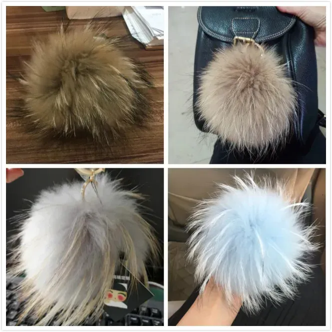 15cm Fluffy Real Raccoon Ball Pom Poms Fur Pompom High Quality Keychain Key Chain Metal Ring Pendant For Women F281_voghion.com