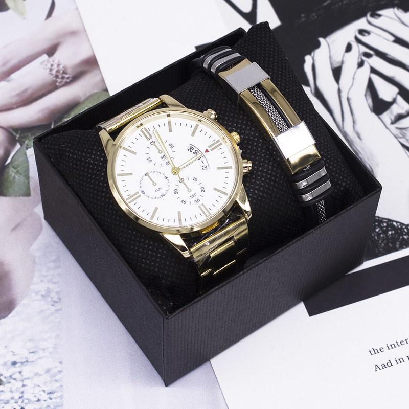 Handgelenk Zweiteiliges Armband-Set Business Fashion Kalender Nicht-mechanische Herrenuhr_voghion.com