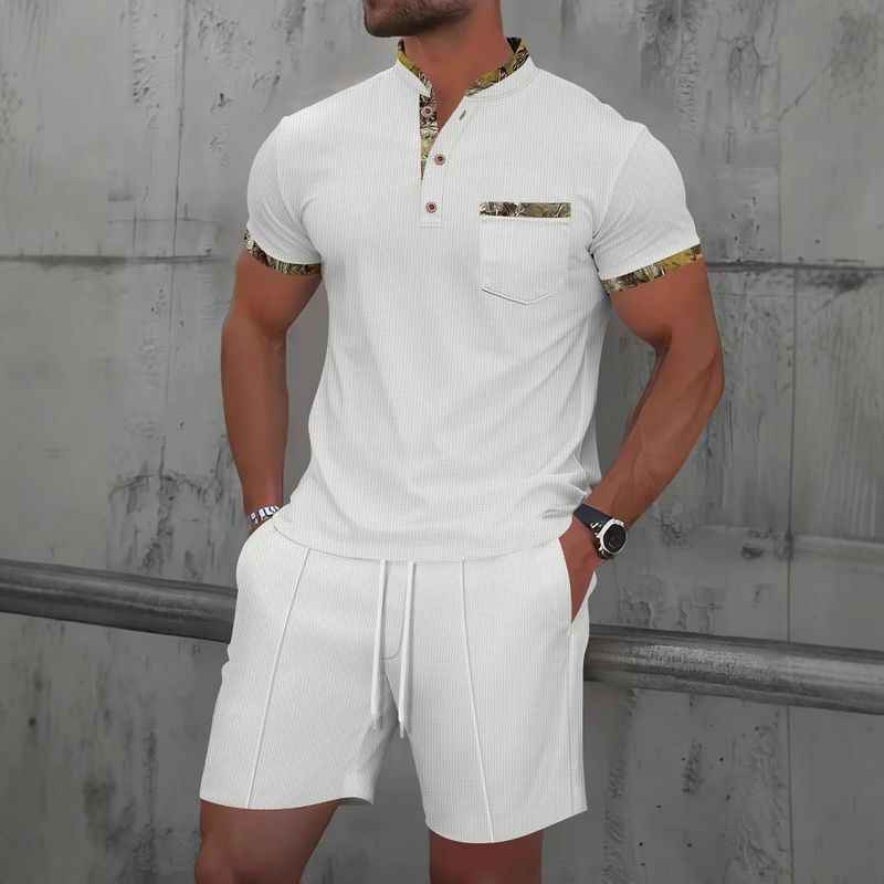 Men's Waffle Knit Short Sleeve Stand Collar Shirt & Shorts Set - Summer Casual Outfit With Color Block Design_voghion.com
