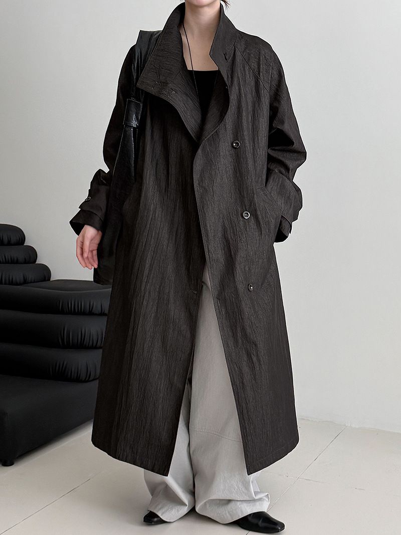 Minimalist British Style Trench Coat For Women, Long Sleeve Belted Duster Coat, Oversized Lapel Casual Overcoat In Beige & Denim Black_voghion.com