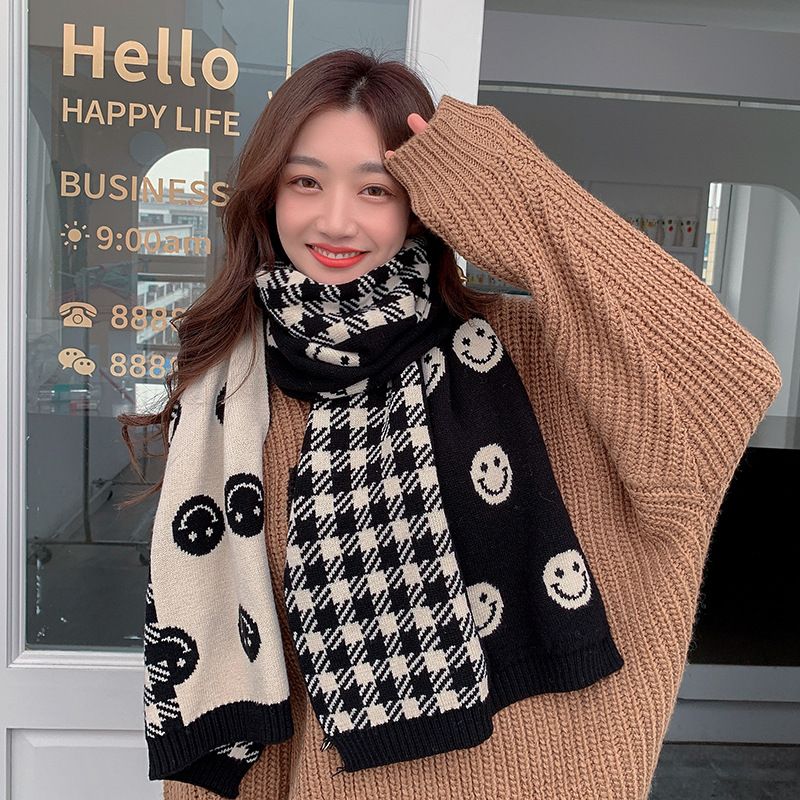 Smiling face sca, cute winter girl, Korean version, versatile Instagram trend, student knitted sweater, warm plaid_voghion.com