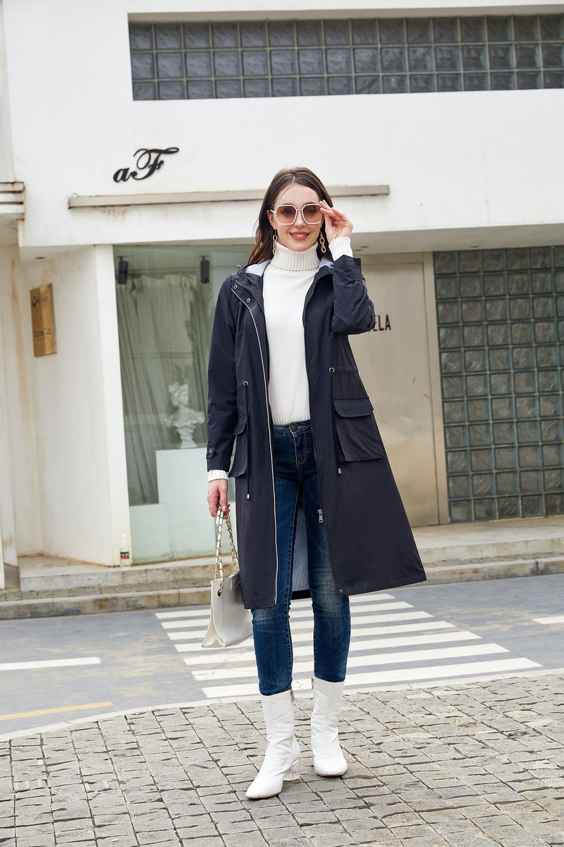 Trench casual da donna K Long con cappuccio, impermeabile, tinta unita con fodera a righe, cappotto dritto._voghion.com