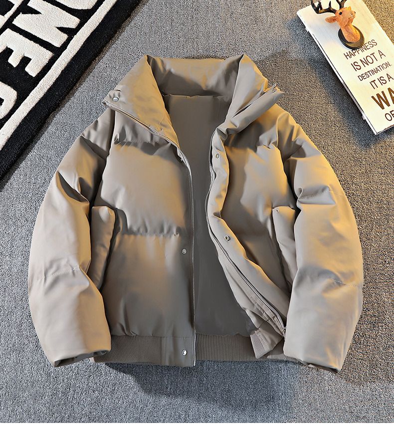 Men's Winter Shiny PU Puffer Jacket - Lightweight Warm Stand Collar Coat, Unisex Short Zip-Up Outerwear For Daily Wear (White, Beige, Black, Red)_voghion.com