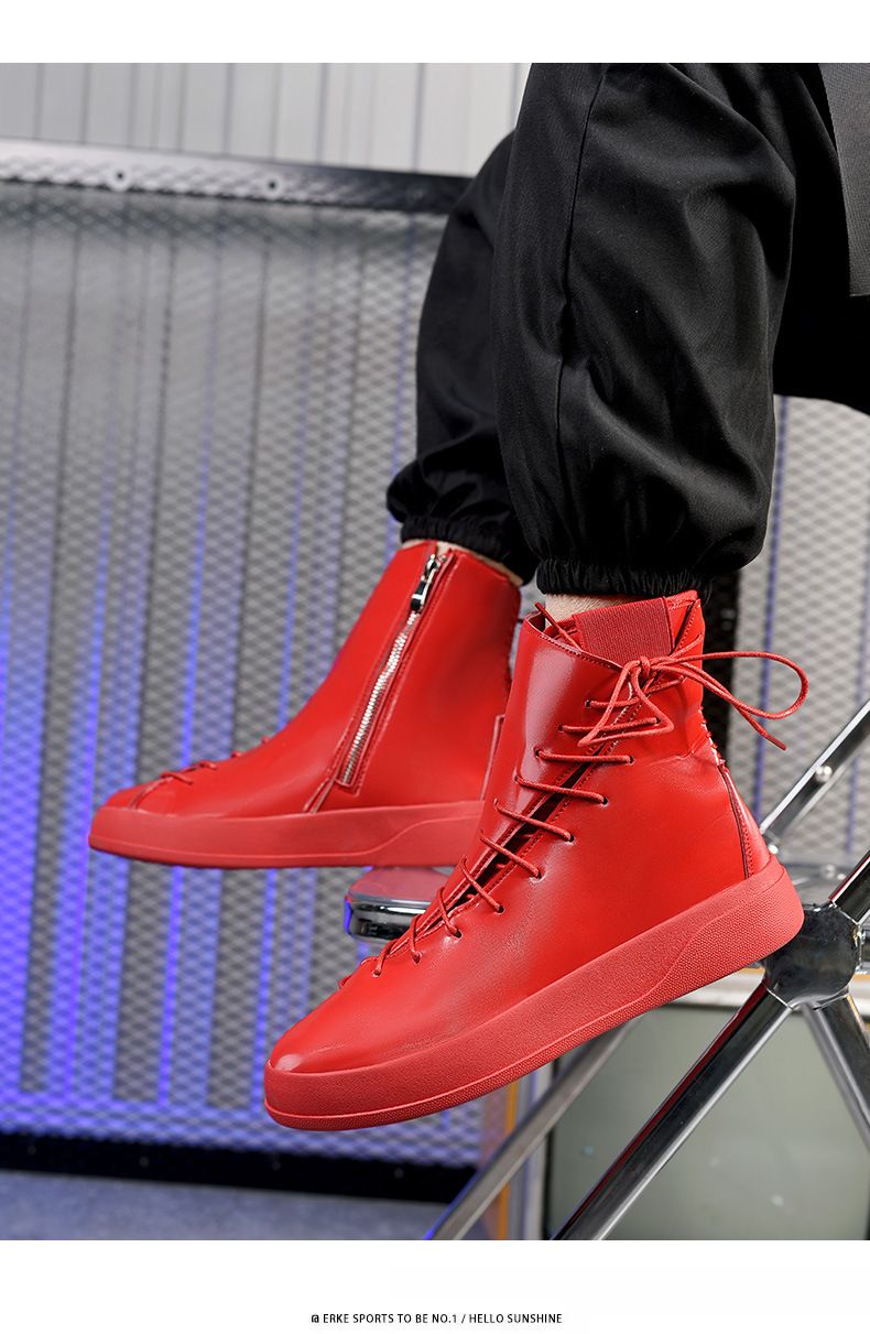 Autumn/winter New Men's Board Shoes 2024 European Station Large Martin Boots Strap Bright High Top Leather Boots Thick Bottom Motorcycle Boots_voghion.com