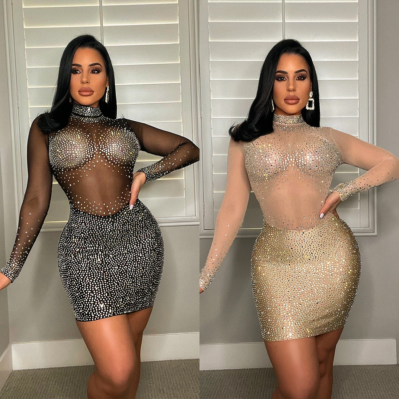 Damenbekleidung Modisches und sexy Mesh-Kleid mit langen Ärmeln und heißem Diamanten für Damen_voghion.com