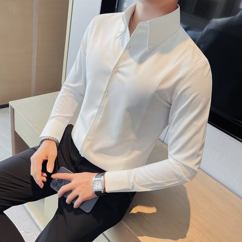 Unbeatable Quality New White For Men Long Sleeves, Trendy Cool Design, Niche Versatile With A Hanging Feel. Spring And Autumn Cuban Collar_voghion.com