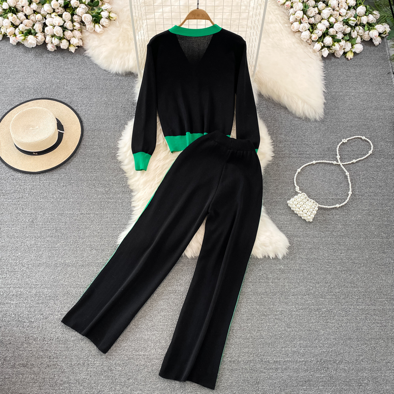 Damenbekleidung, lässiger V-Ausschnitt, lockere Kontrastfarbe, langärmelige Jacke, zweiteiliges Set, hoch taillierte Strickhose mit weitem Bein_voghion.com