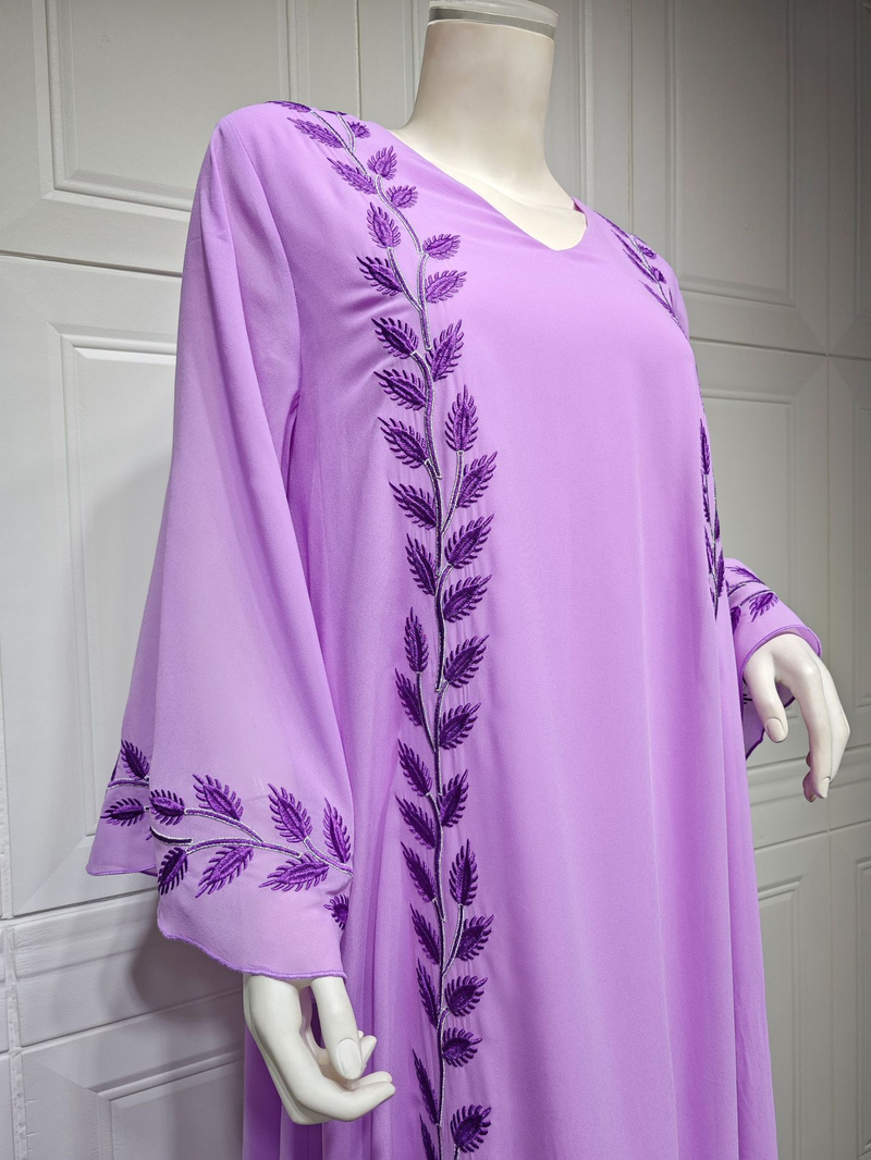 Damenmode Street Chiffon langes muslimisches besticktes rosafarbenes Rundhalskleid mit Hijab_voghion.com