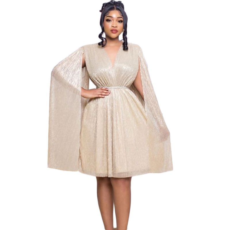 Damenbekleidung Neue V-Ausschnitt Temperament Langarm Cape Taille Kleid Rock_voghion.com