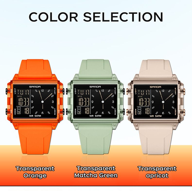 Square Multi-Function Digital Analog Watch With Transparent Case, Dual Time Display, Alarm, Stopwatch, Waterproof, And Luminous Feature_voghion.com