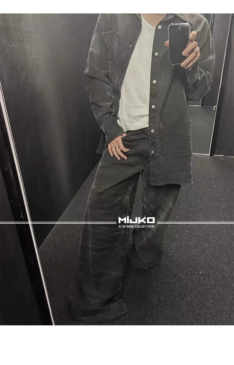 men's and women's washed distressed trousers, the same style for men and women, high street texture couple water rippled bootcut jeans_voghion.com