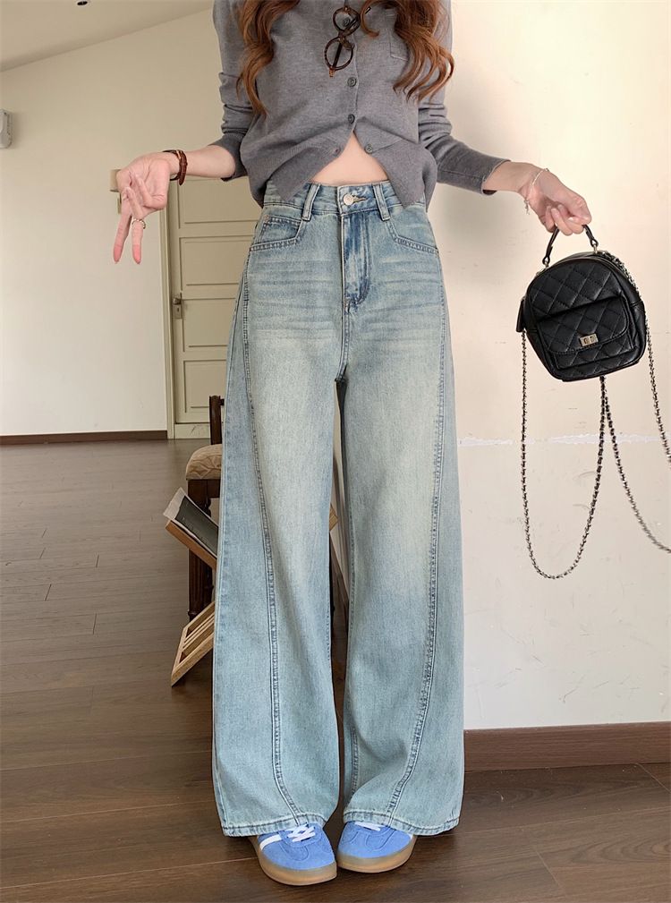 Weite Jeans im Frühlingsstil für Damen, neue hoch taillierte, gerade Beine mit hängendem Griff, bodenlange Hose_voghion.com