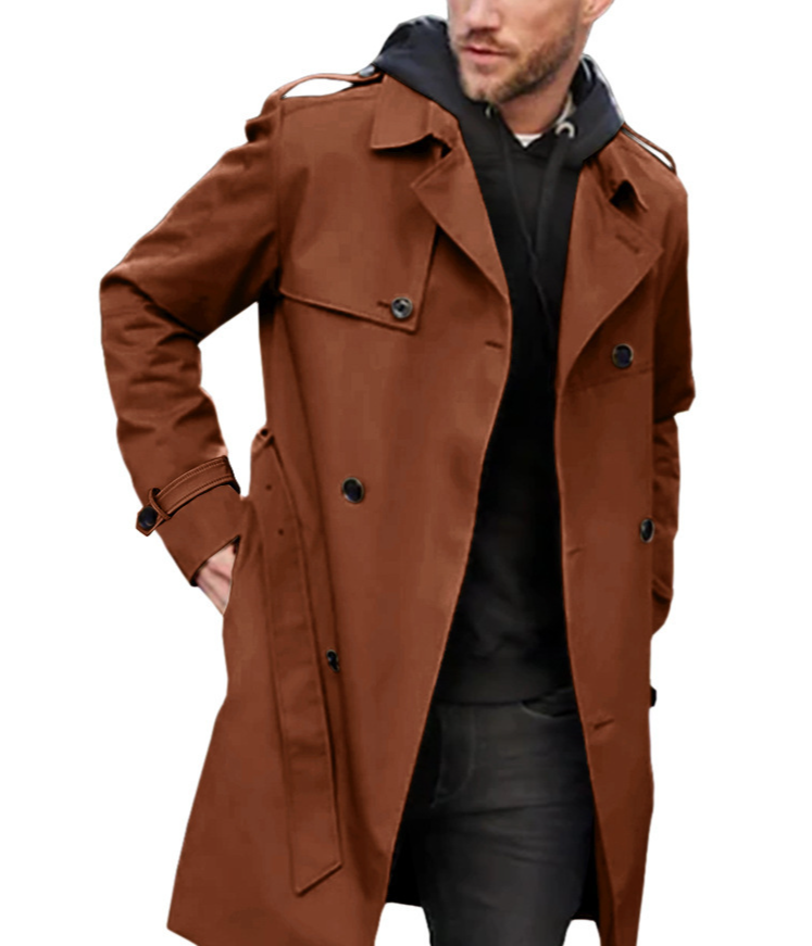 Men's solid color long sleeve trench coat men's lapel slim double breasted casual coat_voghion.com