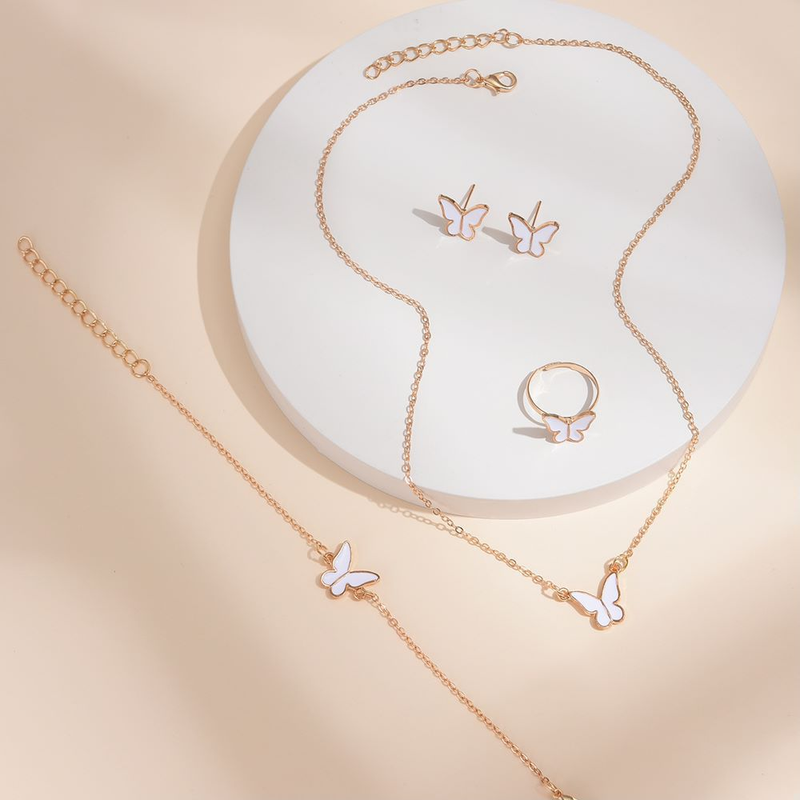 Mode Freizeit Stil Schmuck Legierung Schmetterling Vier Stück Set ohrringe halskette ring und armband_voghion.com